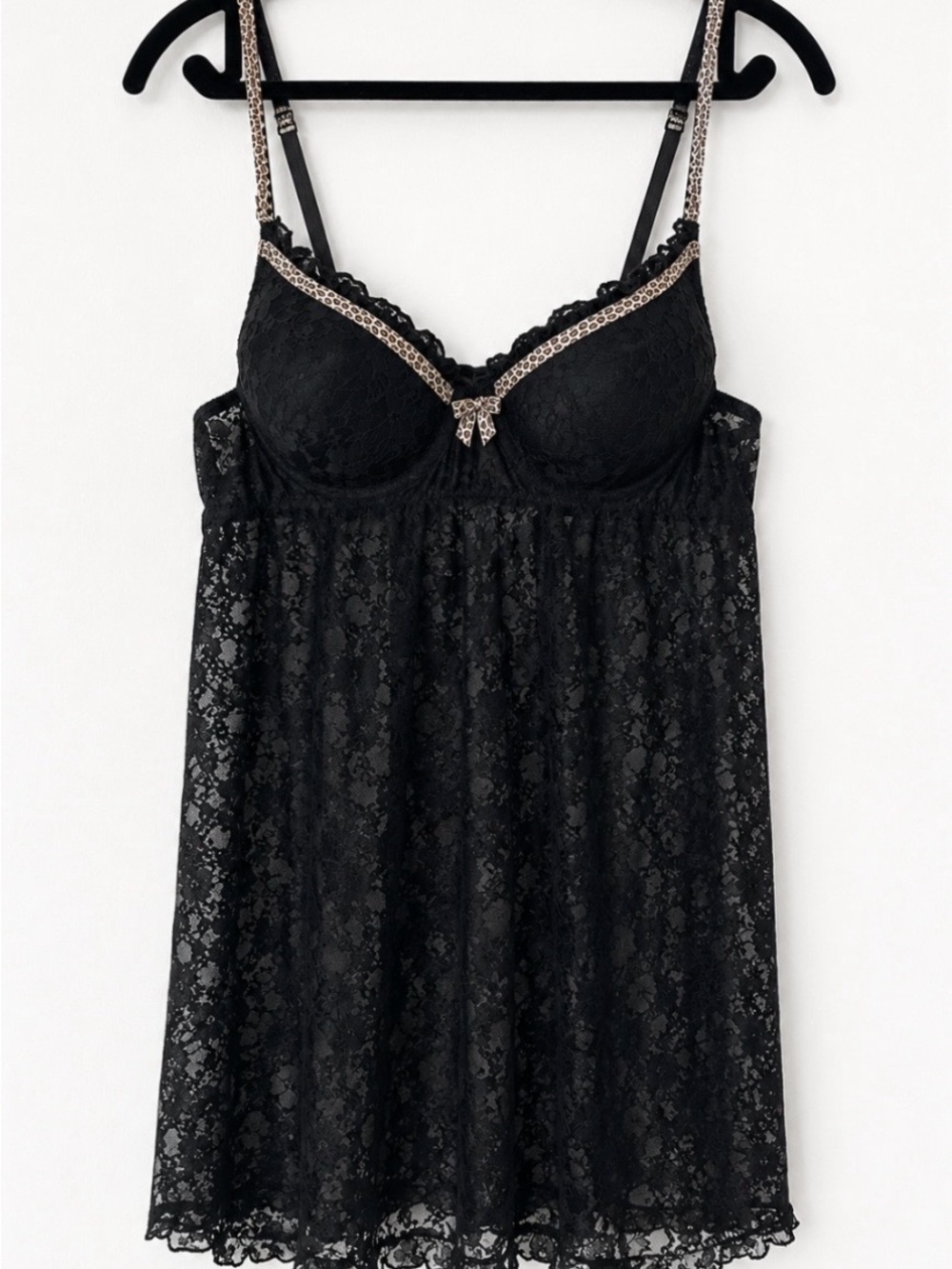 Black Lace Babydoll Slip Top Leopard Trim Coquette Mob Wife Grunge Chemise